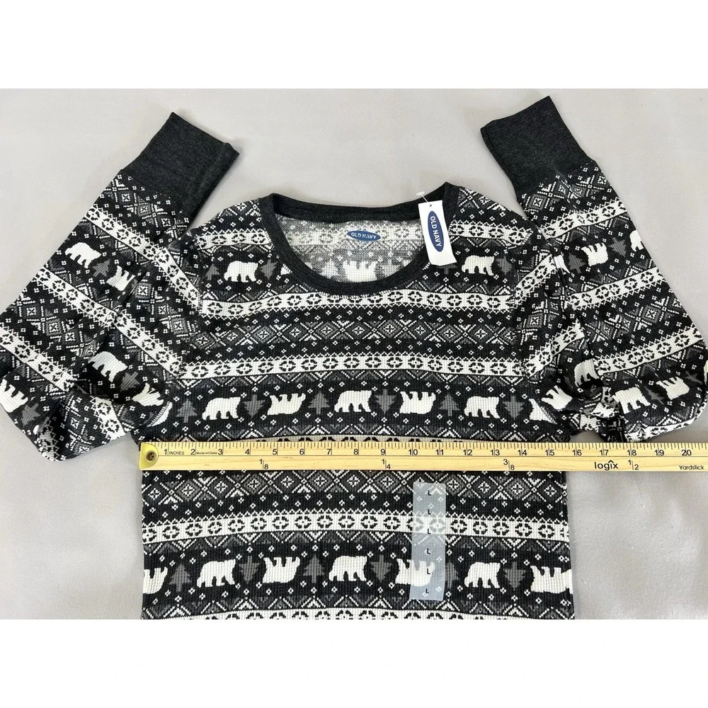 Old Navy NWT Woman Juniors L Nordic Fair Isle Black/Gray Waffle Knit Thermal Top
